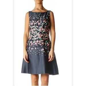 Loft Outlet Petite Navy Blue Pink Floral Fit Flare Dress 4P Sleeveless Boat Neck